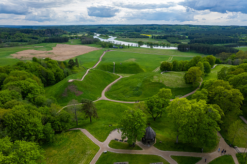 Aerial spring view of beautiful Kernave nature, Lithuania