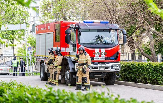 Samara, Russia - May 20, 2022: Red fire truck parked at the city park