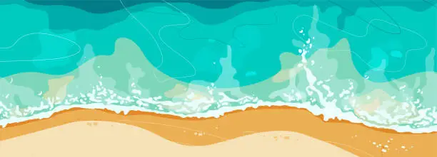 Vector illustration of Beach banner with yellow sand and blue sea. Top view on shore coast with water wave, white foam. Summer seascape from air