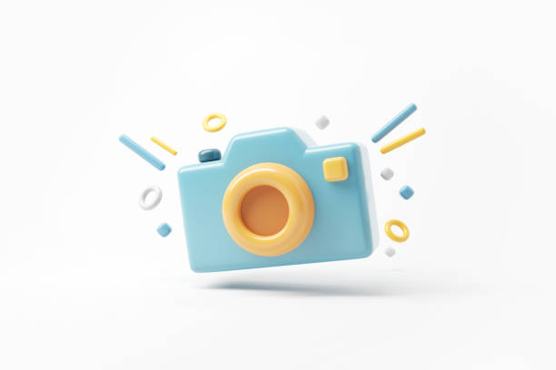 istock Minimal photo camera with lens and button on white background. 1398679331