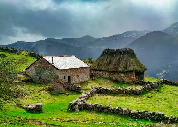 Typical huts in Mumian, near El Coto village, Somiedo Natural Park, Asturias, Spain