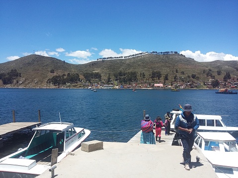 Copacabana, Bolivia - 31 january 2017: Public pier in Copacabana, Lake Titicaca, Bolivia