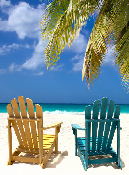 istock Beach chairs on a white sand coast under palm branch 1398681384