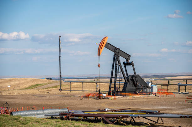 oil pump jack, alberta - oil pump oil industry alberta equipment imagens e fotografias de stock