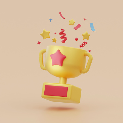 Minimal Winner Gold Trophy Cup and star confetti. 3d rendering.