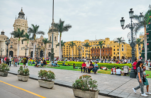 Lima, Peru - January 02, 2022: The Plaza Mayor de Lima or Plaza de Armas de Lima.