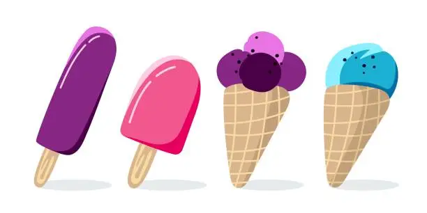 Vector illustration of Collection of ice cream popsicle and in a horn Vector illustration isolated on a white background