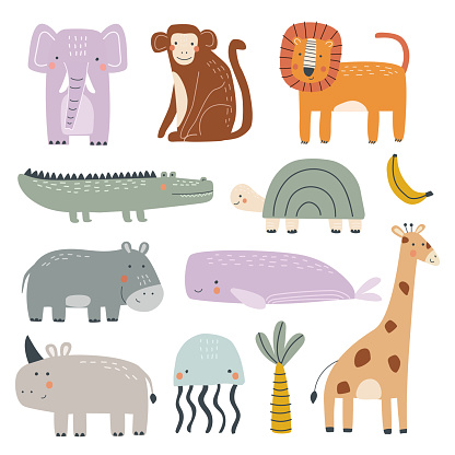 Set with cute sea and safari animals giraffe, crocodile, elephant, lion, monkey, rhinoceros, hippo, turtle and jellyfish. Vector illustration for printing. Cute baby background.