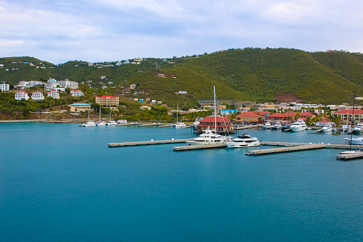 English harbour and Nelsons Dockyard in Antigua and Barbuda, paradise island of antigua in the caribbean at the viewpoint of Shirley Heights and Freeman's bay.