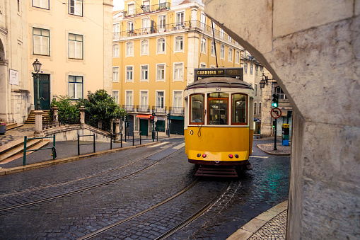 Lisbon , Portugal; 22 May 2022: Tram number 28 in downtown Lisbon