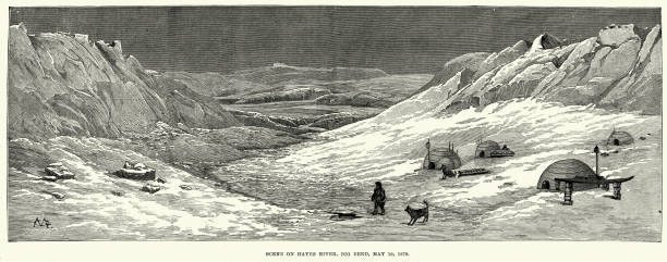 ilustrações de stock, clip art, desenhos animados e ícones de frederick schwatka's search for franklin's expedition,hayes river, big bend, 19th century arctic explorers - arctic canada landscape manitoba