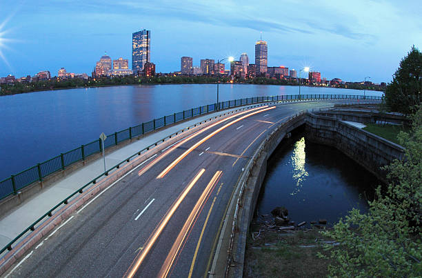 Car light trails in Boston stock photo