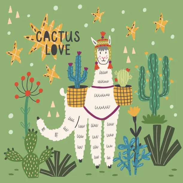 Vector illustration of Fluffy llama in nature among cacti