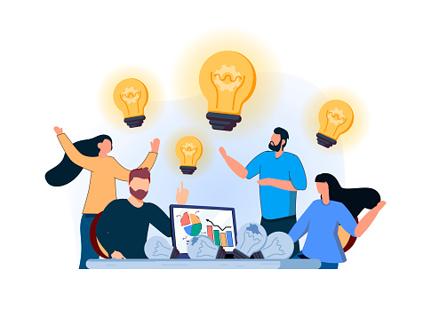 Business people with big Light Bulb Idea. Team working together on new Project. Creativity, Brainstorming Innovation. Teamwork Help Achieve Idea, Light Lamp Bulb Shining, Idea Appear, Creativity Mind
