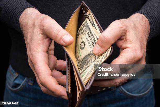 Hands Holding A Wallet With A Small Amount Of Us Dollars Close Up Stock Photo - Download Image Now