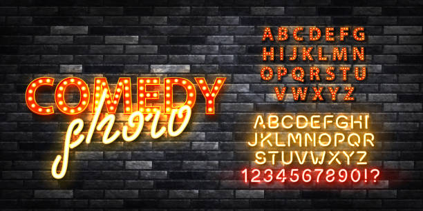 stockillustraties, clipart, cartoons en iconen met vector realistic isolated marquee text of comedy show with easy to change color alphabet font on the wall background. - live evenement illustraties