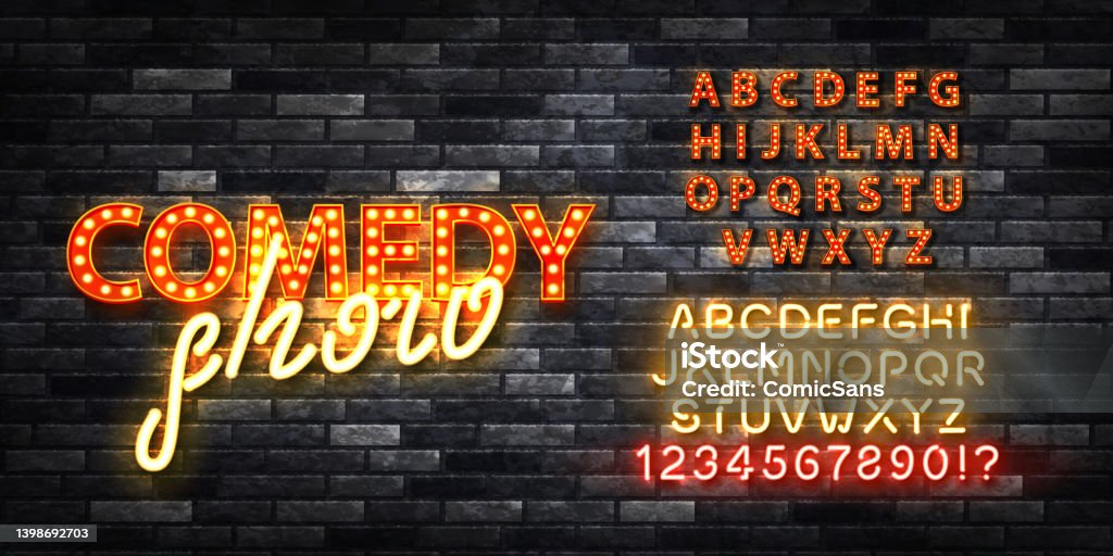 Vector realist text izolat cadru de selecție de Comedie Show cu ușor de a schimba fontul alfabetului de culoare pe fundal perete. - vector de stoc Frontispiciu de teatru fără redevențe Vector realist text izolat cadru de selecție de Comedie Show cu ușor de a schimba fontul alfabetului de culoare pe fundal perete. - vector de stoc Frontispiciu de teatru fără redevențe