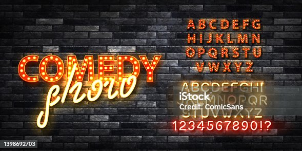 istock Vector realistic isolated marquee text of Comedy Show with easy to change color alphabet font on the wall background. 1398692703