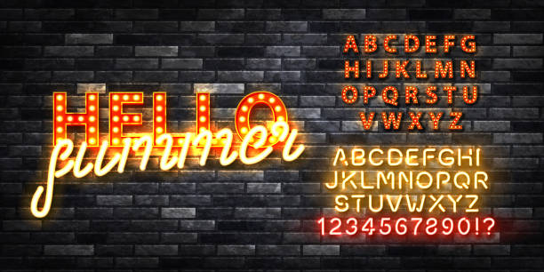 ilustrações de stock, clip art, desenhos animados e ícones de vector realistic isolated marquee text of hello summer with easy to change color alphabet font on the wall background. - lightbox