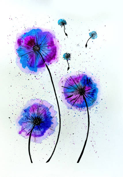 istock Dandelion botanical illustration in watercolor. Colored blue violet dandelions watercolor 1398692803