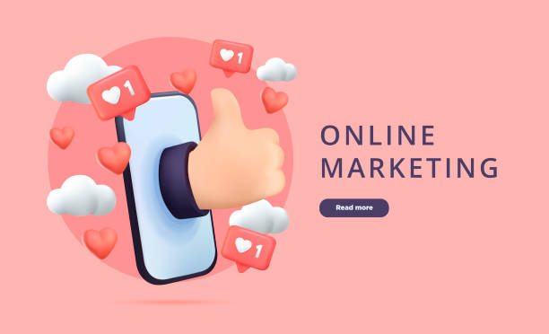 Online marketing, website template. Social media. Like, smile and thumb up hand icons. Marketing promotion, business. Online marketing, website template. Social media. Like, smile and thumb up hand icons. Marketing promotion, business concept, modern 3d like icon. Hand from smartphone, Isolated on background. Vector heart emoji phone stock illustrations