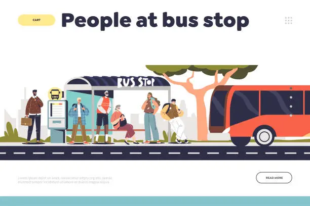 Vector illustration of People at bus stop concept of landing page with public bus arriving at station