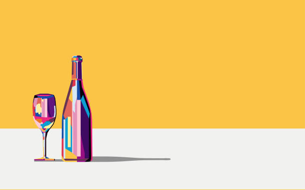vector illustration colorful bright bottle of wine and a glass of wine or alcoholic drink on a yellow background - wine 幅插畫檔、美工圖案、卡通及圖標