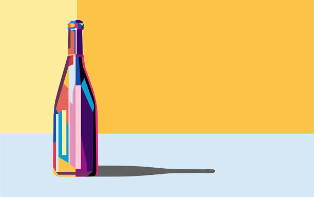 ilustraciones, imágenes clip art, dibujos animados e iconos de stock de ilustración vectorial colorida botella de vino brillante sobre fondo amarillo - space artist nobody art