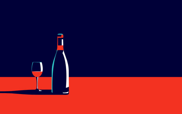 ilustraciones, imágenes clip art, dibujos animados e iconos de stock de ilustración vectorial de una botella de vino y una copa. hay espacio para texto cerca - art deco illustrations