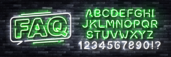 Vector realistic isolated neon sign of FAQ logo with easy to change color alphabet font on the wall background. Concept of frequently asked questions.