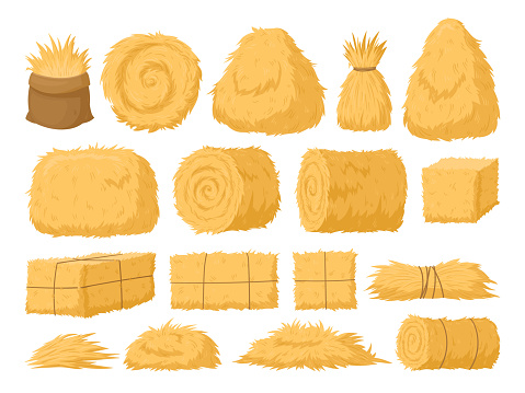 Cartoon haystack, rural hay rolled stacks and agricultural haycocks. Dried haystack, fodder straw and farm haystacks vector symbols illustrations set. Bale of hay collection