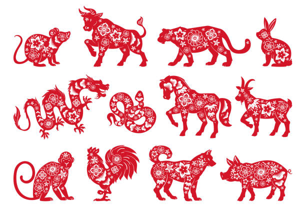 Chinese horoscope lunar New Year oriental animals silhouettes. Zodiac astrological calendar tiger, rabbit, bull and snake signs vector symbols illustrations set. Traditional horoscope icons collection Chinese horoscope lunar New Year oriental animals silhouettes. Zodiac astrological calendar tiger, rabbit, bull and snake signs vector symbols illustrations set. Traditional horoscope icons collection year of the snake stock illustrations