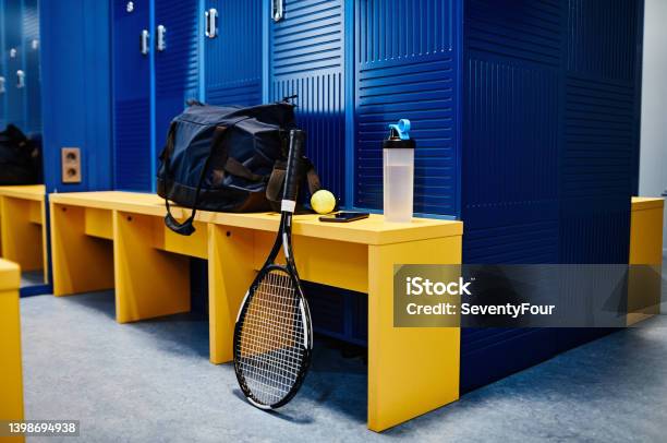 Sports Equipment In Locker Room Stock Photo - Download Image Now - Locker Room, Gym, Health Club