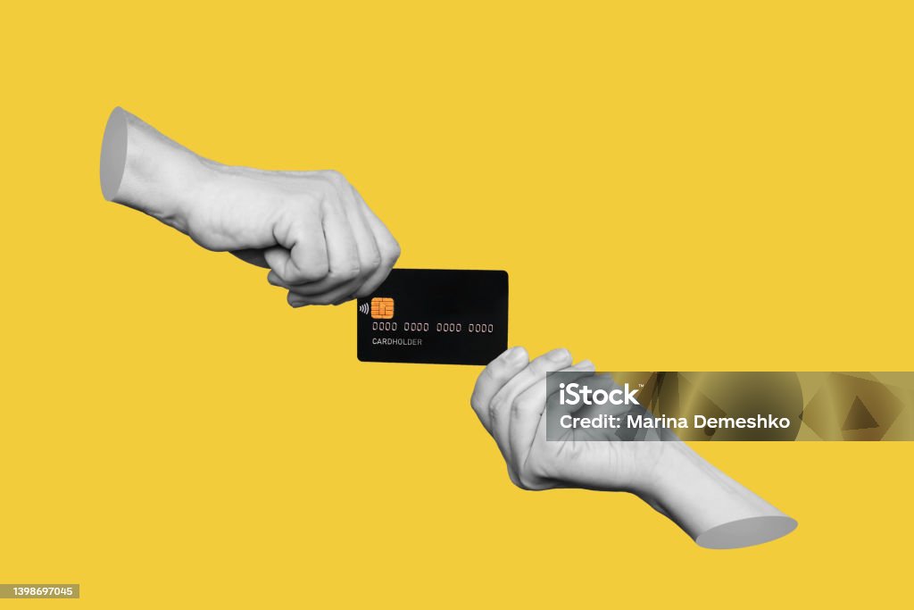 The black plastic credit card is in 3d hands of two women holding it from different sides The black plastic credit card is in the hands of two women holding it from different sides isolated on a yellow background. Trendy 3d collage in magazine style. Contemporary art. Modern design Credit Card Stock Photo