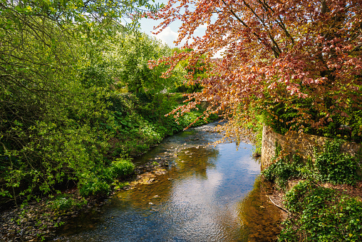 Bar Brook running through Baslow in Derbyshire, surrounded by the pretty foliage of surrounding trees and plants.