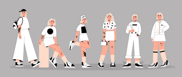 ilustrações, clipart, desenhos animados e ícones de conjunto de garotas em roupas da moda com tatuagem - hipster pessoa