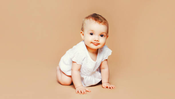 Portrait of cute baby crawling on the floor on white background, blank copy space for advertising text stock photo