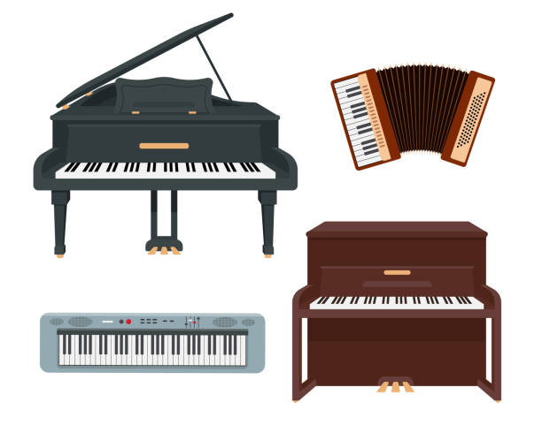 ilustraciones, imágenes clip art, dibujos animados e iconos de stock de instrumentos musicales de teclado clásico conjunto de iconos. - piano