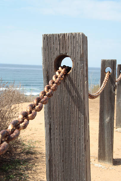 Chain guard rail along ocean cliffs. stock photo