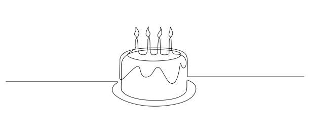 ilustrações de stock, clip art, desenhos animados e ícones de continuous one line drawing of birthday cake with candles. symbol of sweet celebration torte and pastry confectionery icon concept in simple linear style. editable stroke. doodle vector illustration - desenho do contorno