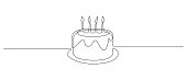 istock Continuous one line drawing of birthday cake with candles. Symbol of sweet celebration torte and pastry confectionery icon concept in simple linear style. Editable stroke. Doodle vector illustration 1398701611