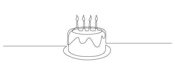 Continuous one line drawing of birthday cake with candles. Symbol of sweet celebration torte and pastry confectionery icon concept in simple linear style. Editable stroke. Doodle vector illustration Continuous one line drawing of birthday cake with candles. Symbol of sweet celebration torte and pastry confectionery icon concept in simple linear style. Editable stroke. Doodle vector illustration. single object illustrations stock illustrations