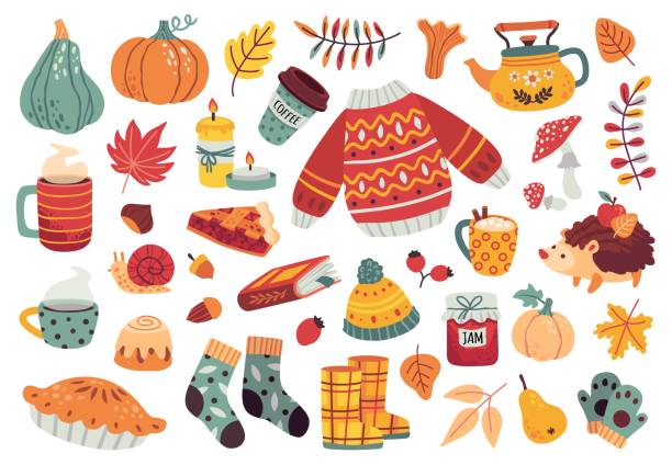 ilustraciones, imágenes clip art, dibujos animados e iconos de stock de lindo paquete de álbum de recortes de otoño, acogedores iconos de otoño o pegatinas con suéter, calcetines, champiñones y hojas. juego vectorial de calabaza, pastel, taza de té y hervidor de agua - september november pumpkin october