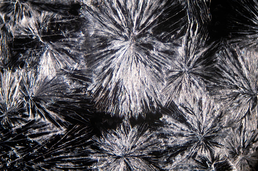 Photomicrograph of  aluminum alum crystals in flower-like formations. Dry mount, 10X, reflected illumination. Note - very shallow depth of field, chromatic aberration and uneven focus are inherent in light microscopy.
