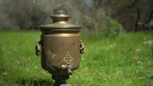 istock An old bronze samovar stands on the grass at a picnic. 1398704461