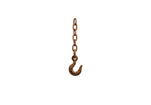 Rusty Industrial hook against pure white background