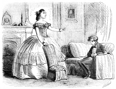 A young woman points her finger and scolds a young man cringing on the sofa. Wood Block Engravings published in 1860. Original edition is from my own archives. Copyright has expired and is in Public Domain.