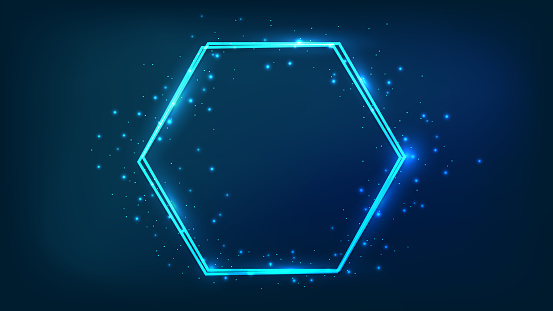 Neon double hexagon frame with shining effects and sparkles on dark background. Empty glowing techno backdrop. Vector illustration