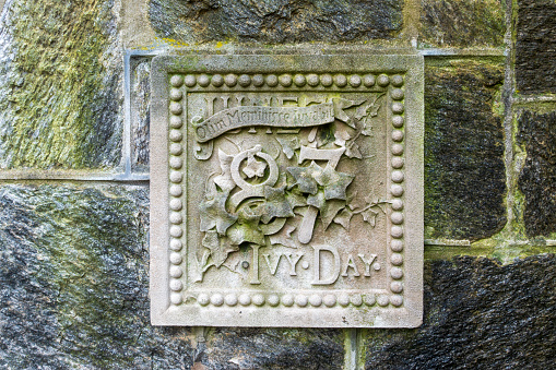 Philadelphia, USA - February 17, 2022. Ivy Day Stone on College Hall in the campus of University of Pennsylvania, Philadelphia, USA