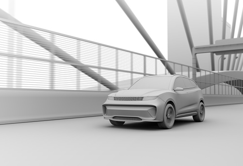 Clay rendering of electric SUV driving on the highway. 3D rendering image.